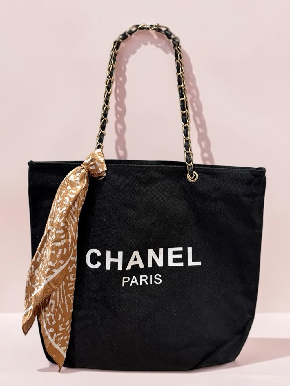 Canvas Chain Tote Bag Black Gold Scarf Accent Large Shopper Beach